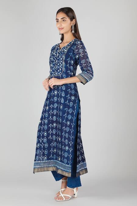 Shop_Sheeshakari_Blue Silk, Cotton Mirrors, Embroidery Split V-neck And Tikki Work Kurta Set _Online_at_Aza_Fashions