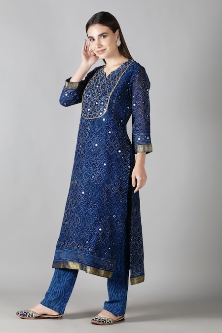 Shop_Sheeshakari_Blue Silk, Cotton Mirrors, Embroidery Split V-neck Zari And Work Kurta Pant Set _Online_at_Aza_Fashions