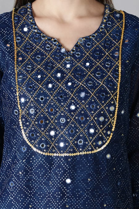 Sheeshakari_Blue Silk, Cotton Mirrors, Embroidery Split V-neck Zari And Work Kurta Pant Set _at_Aza_Fashions