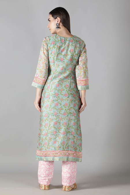 Shop_Sheeshakari_Green Silk, Cotton Mirrors, Zari, Beads Split V-neck And Work Kurta & Pant Set _at_Aza_Fashions