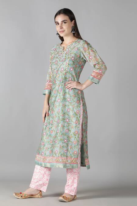 Buy_Sheeshakari_Green Silk, Cotton Mirrors, Zari, Beads Split V-neck And Work Kurta & Pant Set _Online_at_Aza_Fashions