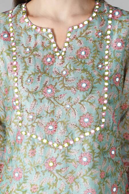 Shop_Sheeshakari_Green Silk, Cotton Mirrors, Zari, Beads Split V-neck And Work Kurta & Pant Set _Online_at_Aza_Fashions