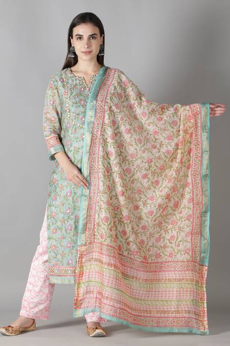 Sheeshakari_Green Silk, Cotton Mirrors, Zari, Beads Split V-neck And Work Kurta & Pant Set _at_Aza_Fashions