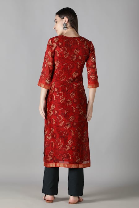 Shop_Sheeshakari_Red Silk, Cotton Mirrors, Embroidery, Floral Pattern Embellished Kurta Pant Set _at_Aza_Fashions