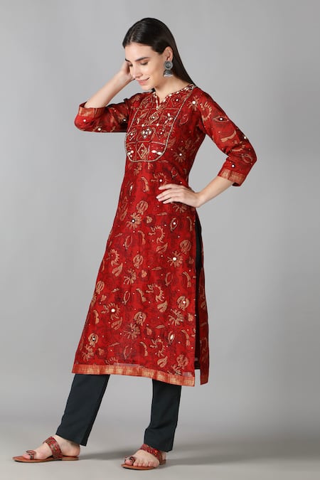 Buy_Sheeshakari_Red Silk, Cotton Mirrors, Embroidery, Floral Pattern Embellished Kurta Pant Set _Online_at_Aza_Fashions