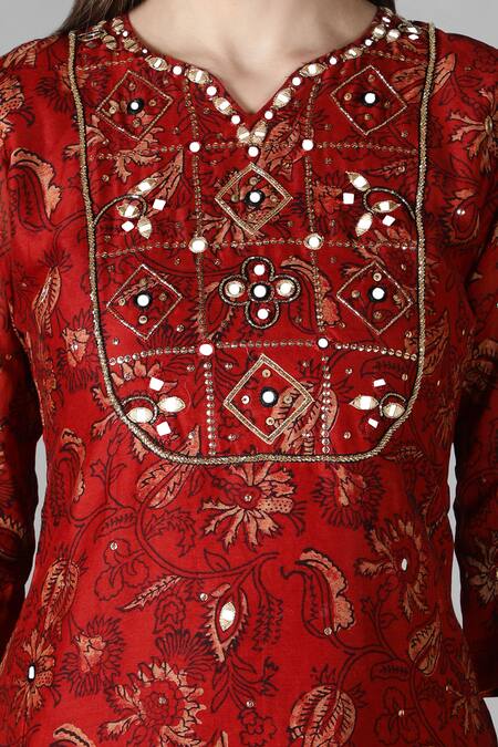 Shop_Sheeshakari_Red Silk, Cotton Mirrors, Embroidery, Floral Pattern Embellished Kurta Pant Set _Online_at_Aza_Fashions
