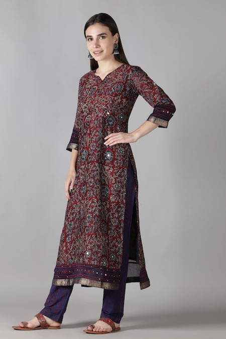 Buy_Sheeshakari_Red Silk, Cotton Mirrors, Embroidery, Floral Pattern And Work Kurta Pant Set _Online_at_Aza_Fashions