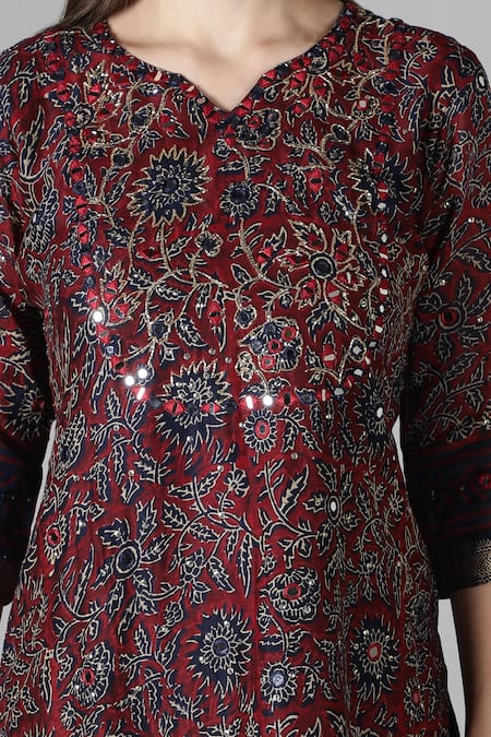 Shop_Sheeshakari_Red Silk, Cotton Mirrors, Embroidery, Floral Pattern And Work Kurta Pant Set _Online_at_Aza_Fashions