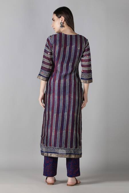 Shop_Sheeshakari_Blue Silk, Cotton, Chiffon Embroidery, Mirrors, Stripe Pattern Kurta Pant Set _at_Aza_Fashions