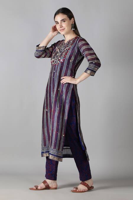 Buy_Sheeshakari_Blue Silk, Cotton, Chiffon Embroidery, Mirrors, Stripe Pattern Kurta Pant Set _Online_at_Aza_Fashions