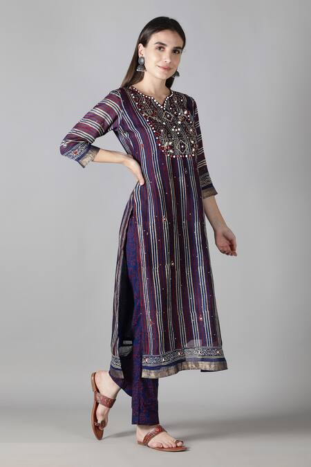 Shop_Sheeshakari_Blue Silk, Cotton, Chiffon Embroidery, Mirrors, Stripe Pattern Kurta Pant Set _Online_at_Aza_Fashions