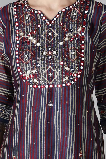 Sheeshakari_Blue Silk, Cotton, Chiffon Embroidery, Mirrors, Stripe Pattern Kurta Pant Set _at_Aza_Fashions