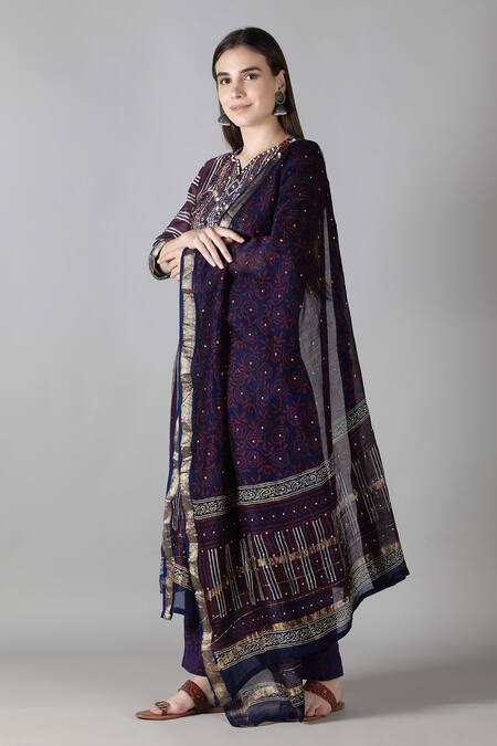 Buy_Sheeshakari_Blue Silk, Cotton, Chiffon Embroidery, Mirrors, Stripe Pattern Kurta Pant Set 