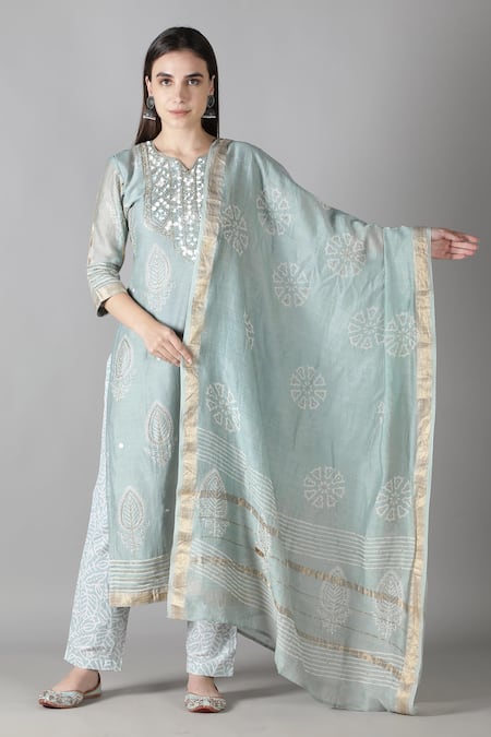 Sheeshakari Grey Silk Embroidered Mirror Notched Resham And Work Kurta Pant Set 