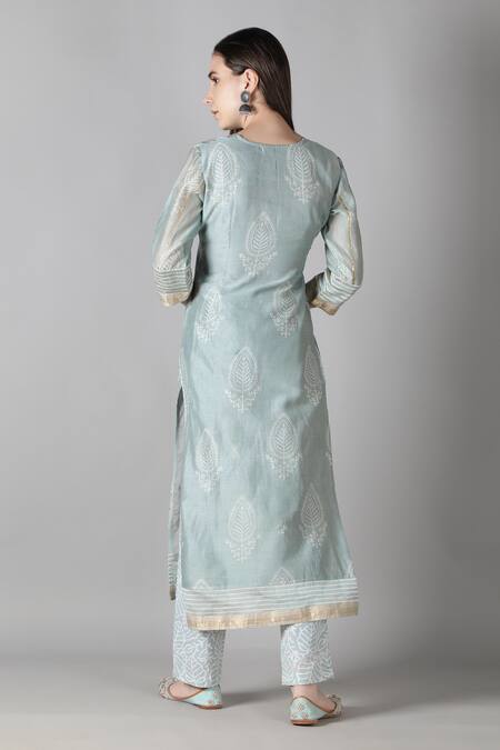 Shop_Sheeshakari_Grey Silk, Cotton Mirrors, Beads, Embroidery Split Resham And Work Kurta Pant Set _at_Aza_Fashions