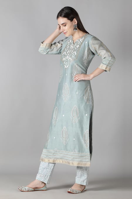 Buy_Sheeshakari_Grey Silk, Cotton Mirrors, Beads, Embroidery Split Resham And Work Kurta Pant Set _Online_at_Aza_Fashions