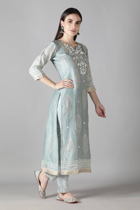 Shop_Sheeshakari_Grey Silk, Cotton Mirrors, Beads, Embroidery Split Resham And Work Kurta Pant Set _Online_at_Aza_Fashions