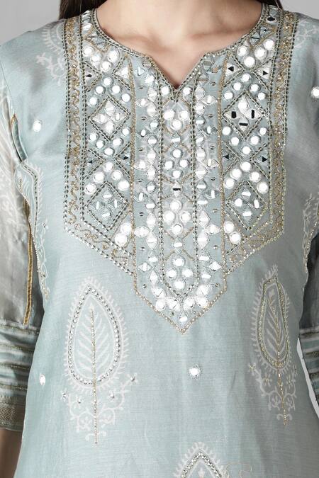Sheeshakari_Grey Silk, Cotton Mirrors, Beads, Embroidery Split Resham And Work Kurta Pant Set _at_Aza_Fashions