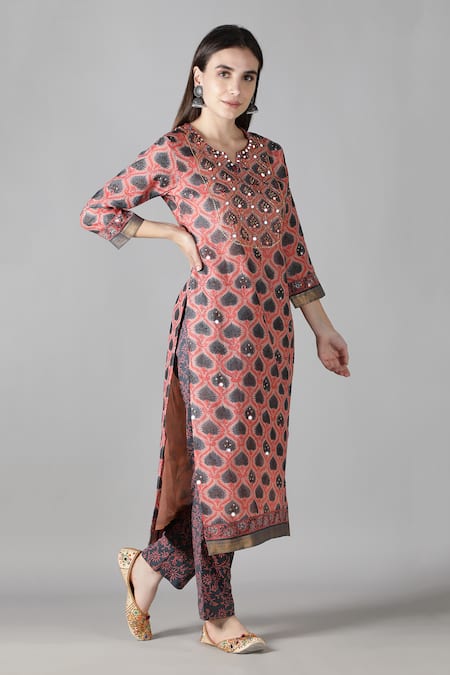 Shop_Sheeshakari_Pink Silk, Cotton Mirrors, Beads, Embroidery Split Leaf Pattern Kurta Pant Set _Online_at_Aza_Fashions