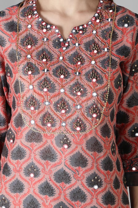 Sheeshakari_Pink Silk, Cotton Mirrors, Beads, Embroidery Split Leaf Pattern Kurta Pant Set _at_Aza_Fashions