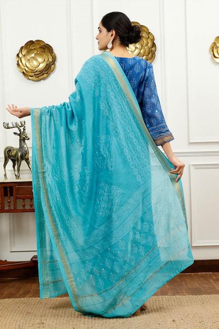 Shop_Sheeshakari_Blue Silk, Cotton Mirrors, Beads, Tassels Split And Aari Embroidered Kurta Set _at_Aza_Fashions
