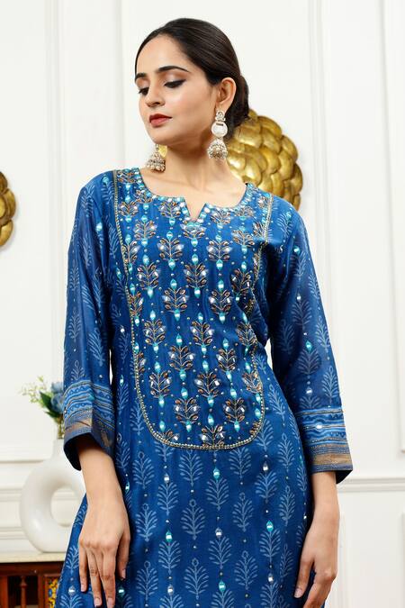 Buy_Sheeshakari_Blue Silk, Cotton Mirrors, Beads, Tassels Split And Aari Embroidered Kurta Set _Online_at_Aza_Fashions