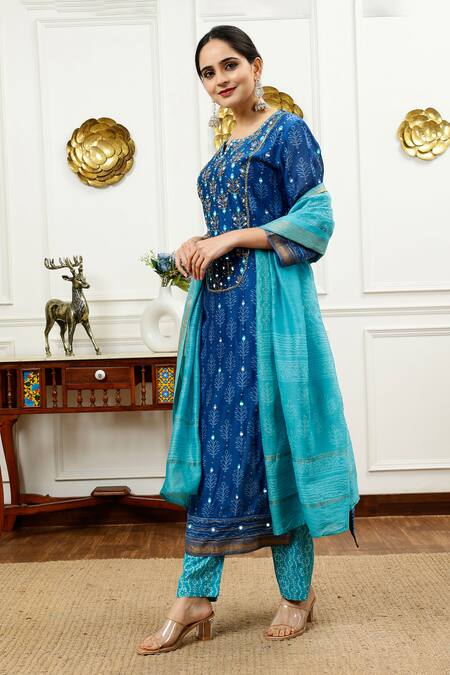 Shop_Sheeshakari_Blue Silk, Cotton Mirrors, Beads, Tassels Split And Aari Embroidered Kurta Set _Online_at_Aza_Fashions