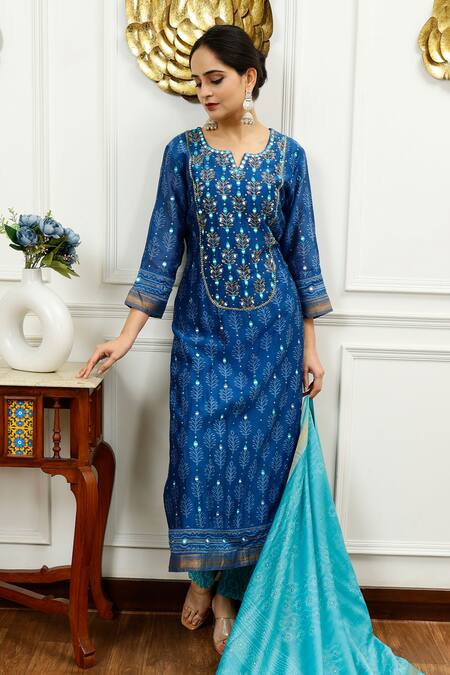 Sheeshakari_Blue Silk, Cotton Mirrors, Beads, Tassels Split And Aari Embroidered Kurta Set _at_Aza_Fashions