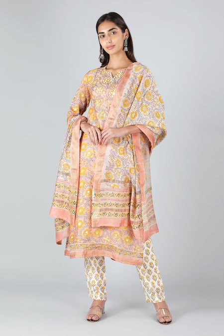 Sheeshakari Peach Silk Embroidered Mirror Notched And Cutdana Kurta Pant Set 