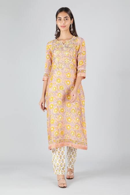Sheeshakari_Peach Silk, Cotton Mirrors, Beads Split And Cutdana Embroidered Kurta Pant Set _Online_at_Aza_Fashions