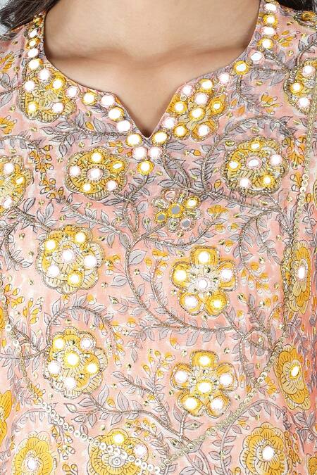 Buy_Sheeshakari_Peach Silk, Cotton Mirrors, Beads Split And Cutdana Embroidered Kurta Pant Set _Online_at_Aza_Fashions