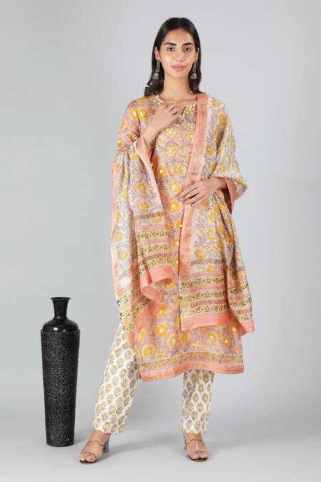 Shop_Sheeshakari_Peach Silk, Cotton Mirrors, Beads Split And Cutdana Embroidered Kurta Pant Set _Online_at_Aza_Fashions