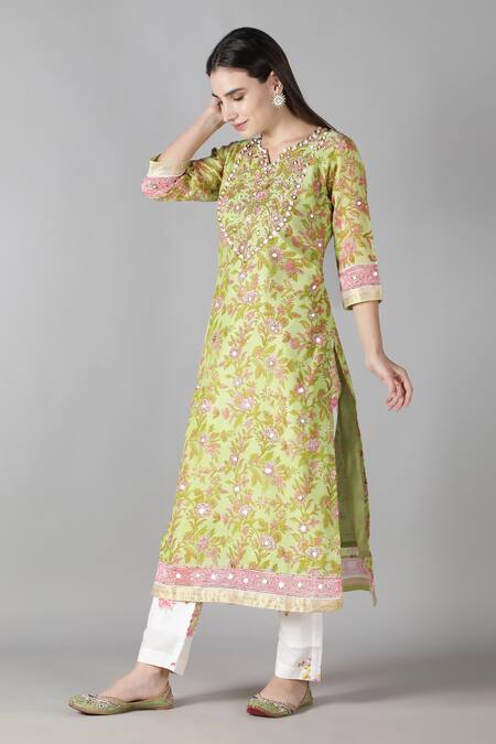 Buy_Sheeshakari_Green Silk, Cotton Embroidery, Beads Split Floral Pattern Mirror Kurta Pant Set _Online_at_Aza_Fashions