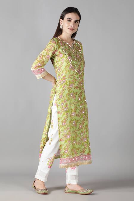 Shop_Sheeshakari_Green Silk, Cotton Embroidery, Beads Split Floral Pattern Mirror Kurta Pant Set _Online_at_Aza_Fashions