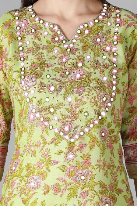 Sheeshakari_Green Silk, Cotton Embroidery, Beads Split Floral Pattern Mirror Kurta Pant Set _at_Aza_Fashions