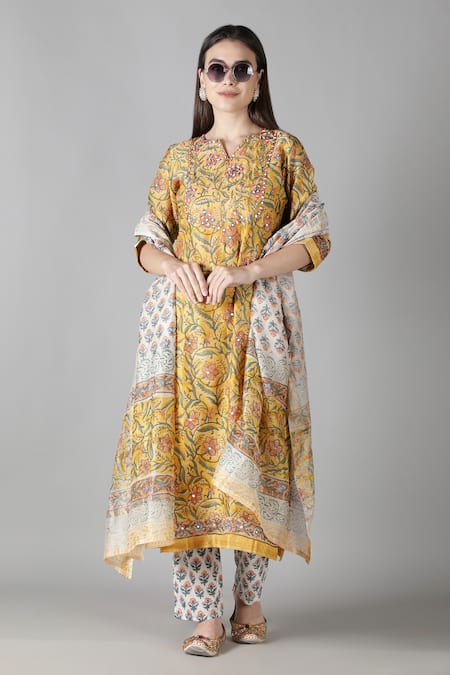 Sheeshakari Yellow Silk Embroidered Mirror Notched And Resham Embellished Kurta Pant Set 