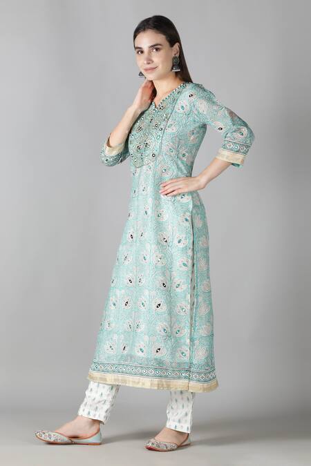 Buy Sheeshakari Blue Silk, Cotton Mirrors, Beads, Embroidery Split V-neck Kurta Pant Set Online at Aza Fashions Buy_Sheeshakari_Blue Silk, Cotton Mirrors, Beads, Embroidery Split V-neck Kurta Pant Set _Online_at_Aza_Fashions