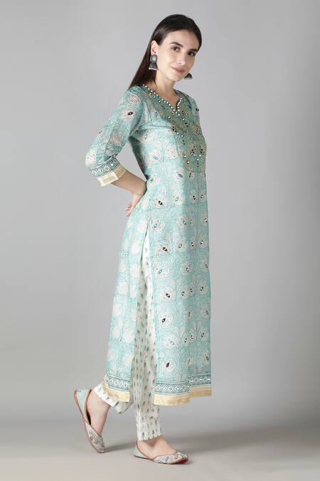 Shop Sheeshakari Blue Silk, Cotton Mirrors, Beads, Embroidery Split V-neck Kurta Pant Set Online at Aza Fashions Shop_Sheeshakari_Blue Silk, Cotton Mirrors, Beads, Embroidery Split V-neck Kurta Pant Set _Online_at_Aza_Fashions