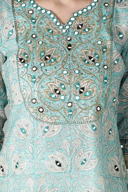 Sheeshakari Blue Silk, Cotton Mirrors, Beads, Embroidery Split V-neck Kurta Pant Set at Aza Fashions Sheeshakari_Blue Silk, Cotton Mirrors, Beads, Embroidery Split V-neck Kurta Pant Set _at_Aza_Fashions