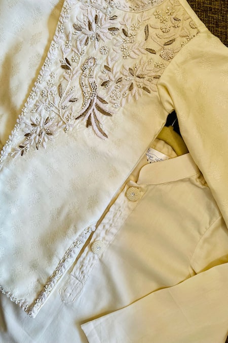 Rage Attire-Sweta Saria_Off White Bamboo, Silk Zari Bird And Floral Zardosi Embroidered Sherwani Set _Online_at_Aza_Fashions