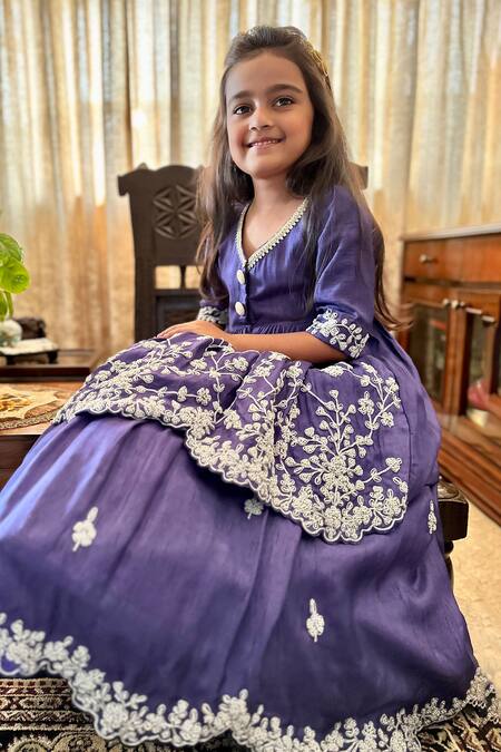 Buy_Rage Attire-Sweta Saria_Purple Bamboo, Linen Pearls, Embroidery Floral Cutwork Peplum Top And Ghaghra Set _Online_at_Aza_Fashions