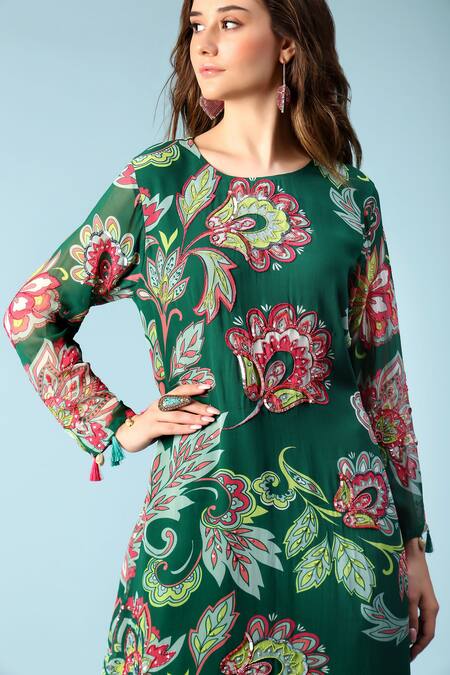 Sajeda A Lehry_Green Georgette, Cotton Embroidery, Ananya Floral Print Kurta And Dhoti Pant Set _Online_at_Aza_Fashions