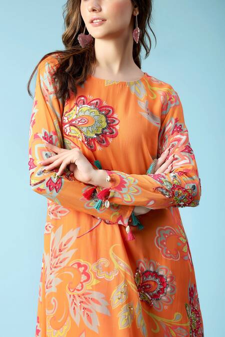 Sajeda A Lehry_Orange Georgette Sequins, Beads, Lace Round Ananya Printed Kurta With Dhoti Pant _Online_at_Aza_Fashions
