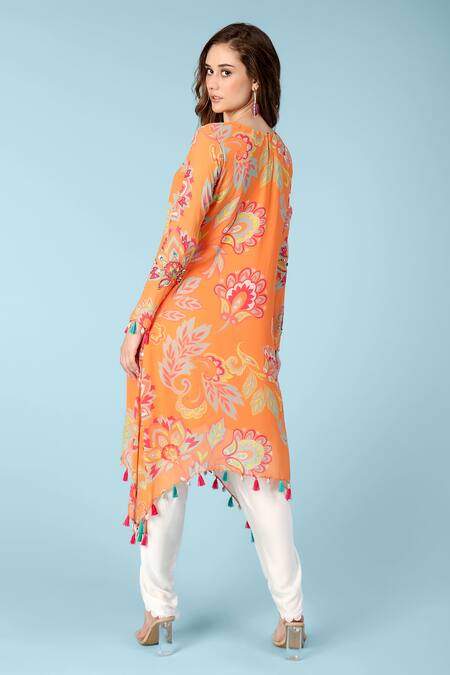 Shop_Sajeda A Lehry_Orange Georgette Sequins, Beads, Lace Round Ananya Printed Kurta With Dhoti Pant _at_Aza_Fashions
