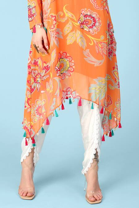 Buy_Sajeda A Lehry_Orange Georgette Sequins, Beads, Lace Round Ananya Printed Kurta With Dhoti Pant _Online_at_Aza_Fashions
