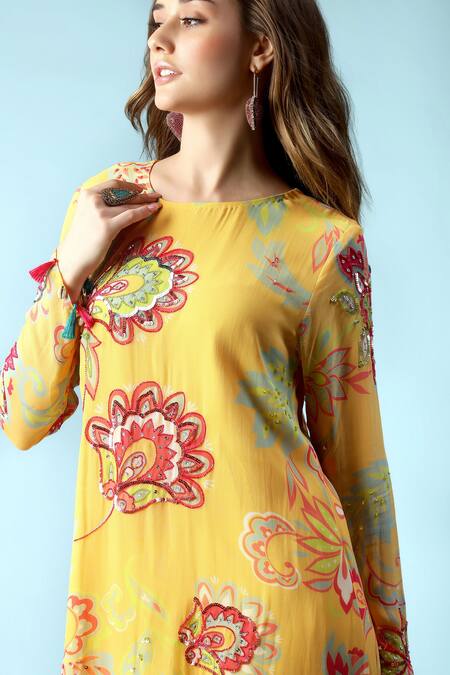 Sajeda A Lehry_Yellow Georgette Fringe, Lace Round Ananya Printed A-line Kurta With Dhoti Pant _Online_at_Aza_Fashions