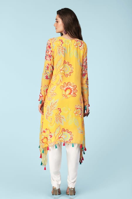 Shop_Sajeda A Lehry_Yellow Georgette Fringe, Lace Round Ananya Printed A-line Kurta With Dhoti Pant _at_Aza_Fashions