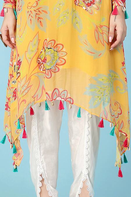Buy_Sajeda A Lehry_Yellow Georgette Fringe, Lace Round Ananya Printed A-line Kurta With Dhoti Pant _Online_at_Aza_Fashions
