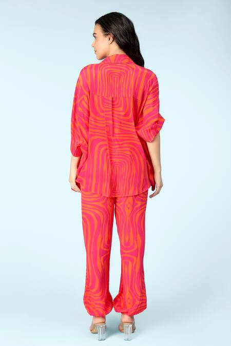 Shop Sajeda A Lehry Orange Crepe Embroidery Collared Athena Stripe Print Shirt And Pant Set at Aza Fashions Shop_Sajeda A Lehry_Orange Crepe Embroidery Collared Athena Stripe Print Shirt And Pant Set_at_Aza_Fashions