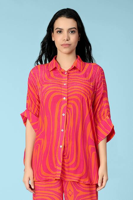 Sajeda A Lehry Orange Crepe Embroidery Collared Athena Stripe Print Shirt And Pant Set Online at Aza Fashions Sajeda A Lehry_Orange Crepe Embroidery Collared Athena Stripe Print Shirt And Pant Set_Online_at_Aza_Fashions